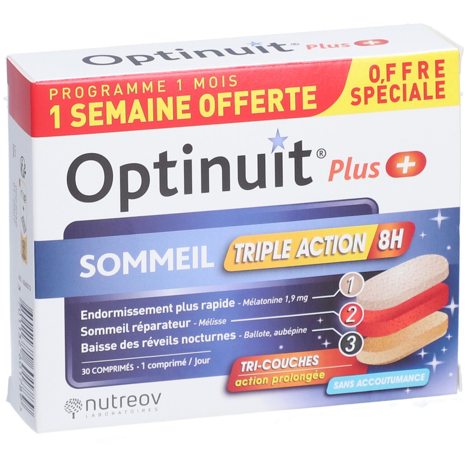 Vue de face de la boîte OPTINUIT Plus. Nom du produit, logo et informations. Texte : Triple Action 8H, 30 comprimés.