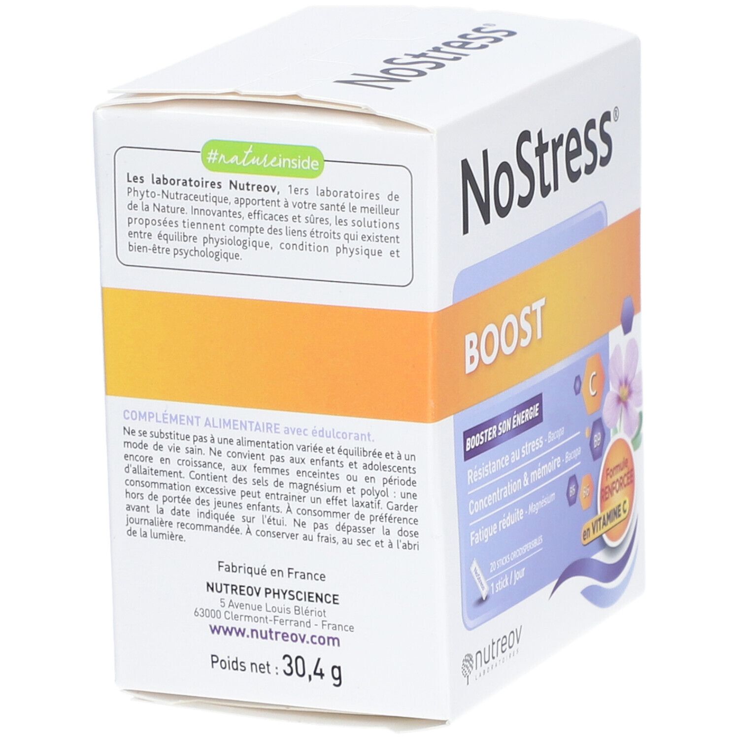 Dos de la boîte "NoStress Boost". Texte sur le produit et les ingrédients. Poids net : 30,4 g.