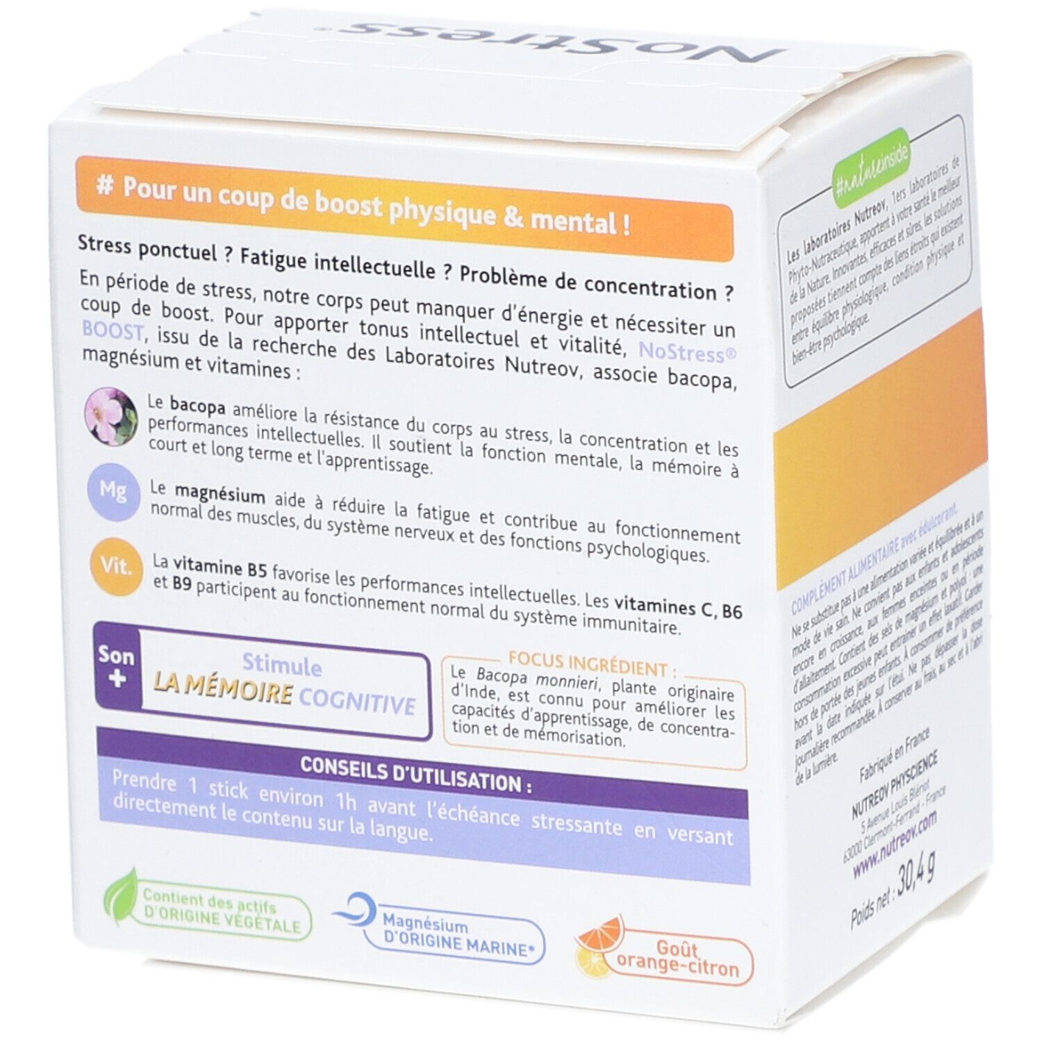 Côté de la boîte "NoStress Boost" avec informations sur le produit. Contient des informations sur l'utilisation et les ingrédients.