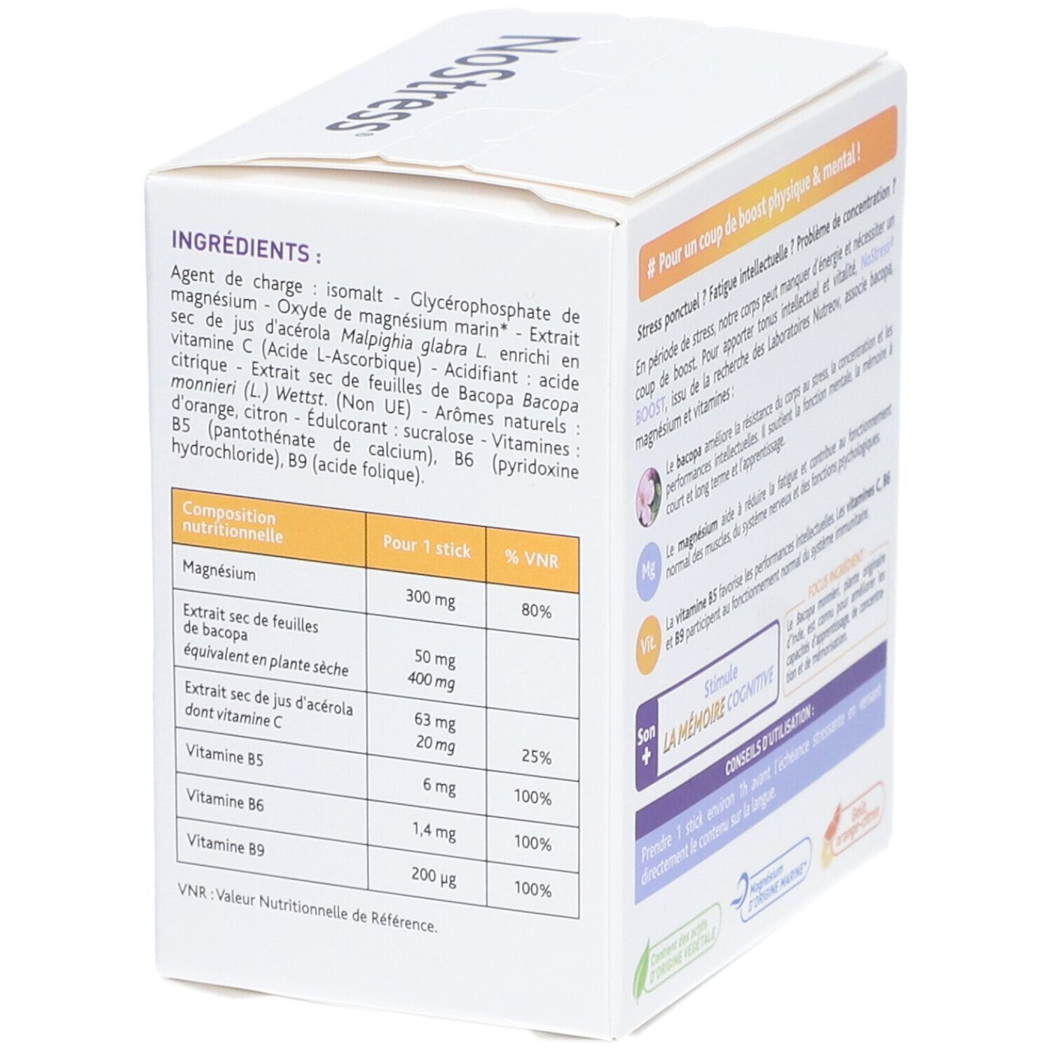Côté de la boîte "NoStress Boost" avec ingrédients et informations nutritionnelles. Contient un tableau.
