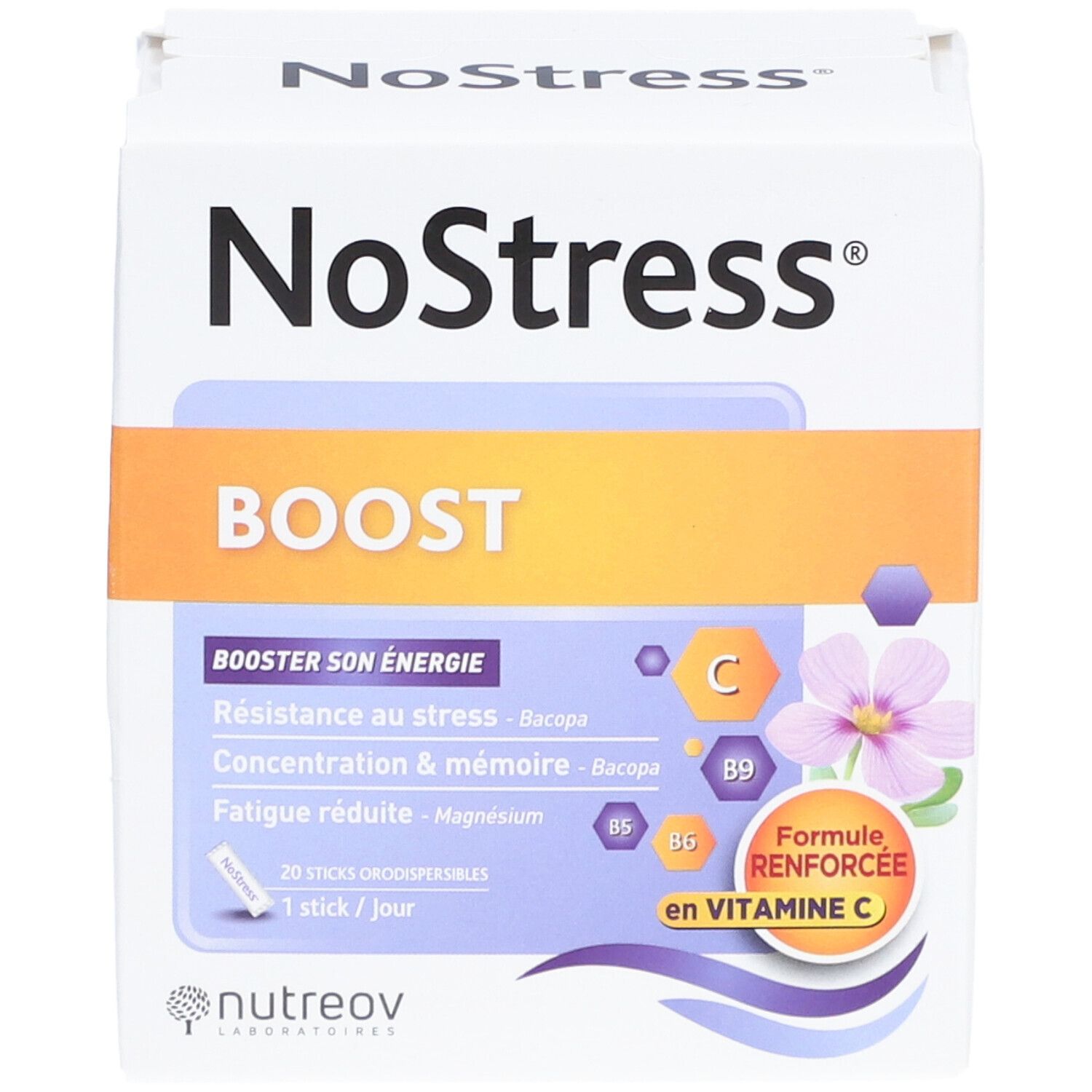 Face avant de la boîte "NoStress Boost". Contient le nom du produit, le logo et des informations sur les effets.