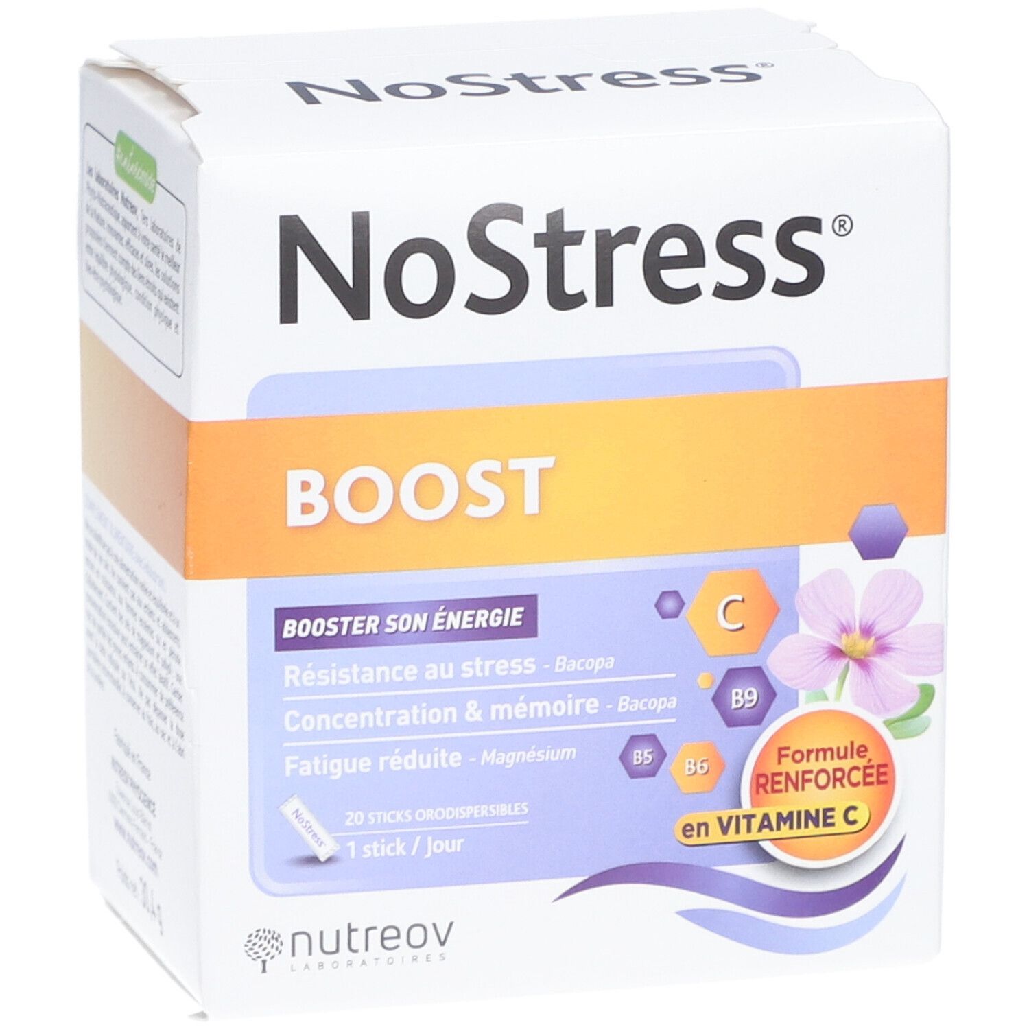 Face avant de la boîte "NoStress Boost". Nom du produit, logo et informations sur les effets.