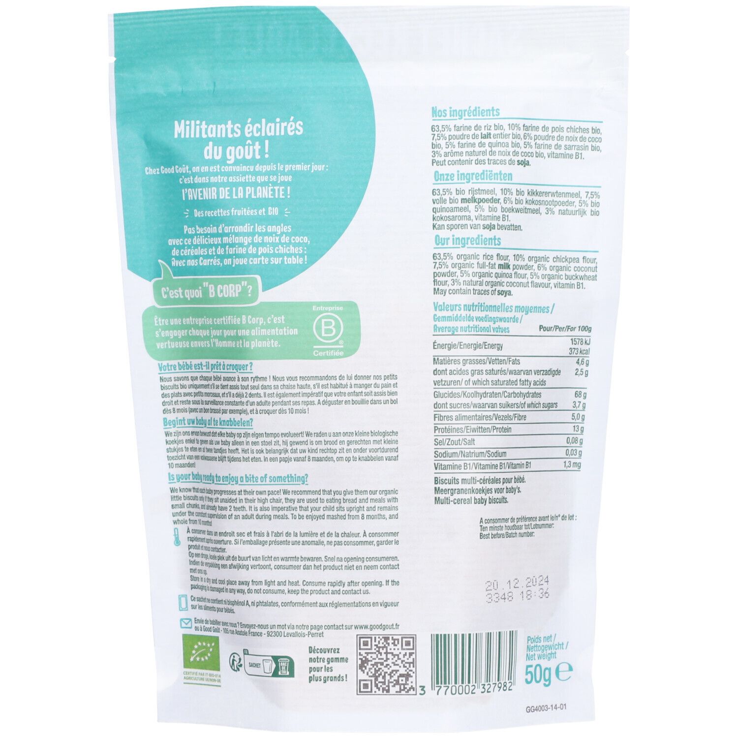 Sachet de Die Coco Squares 50g. Inscriptions en français. Certification bio. Contient des informations nutritionnelles.