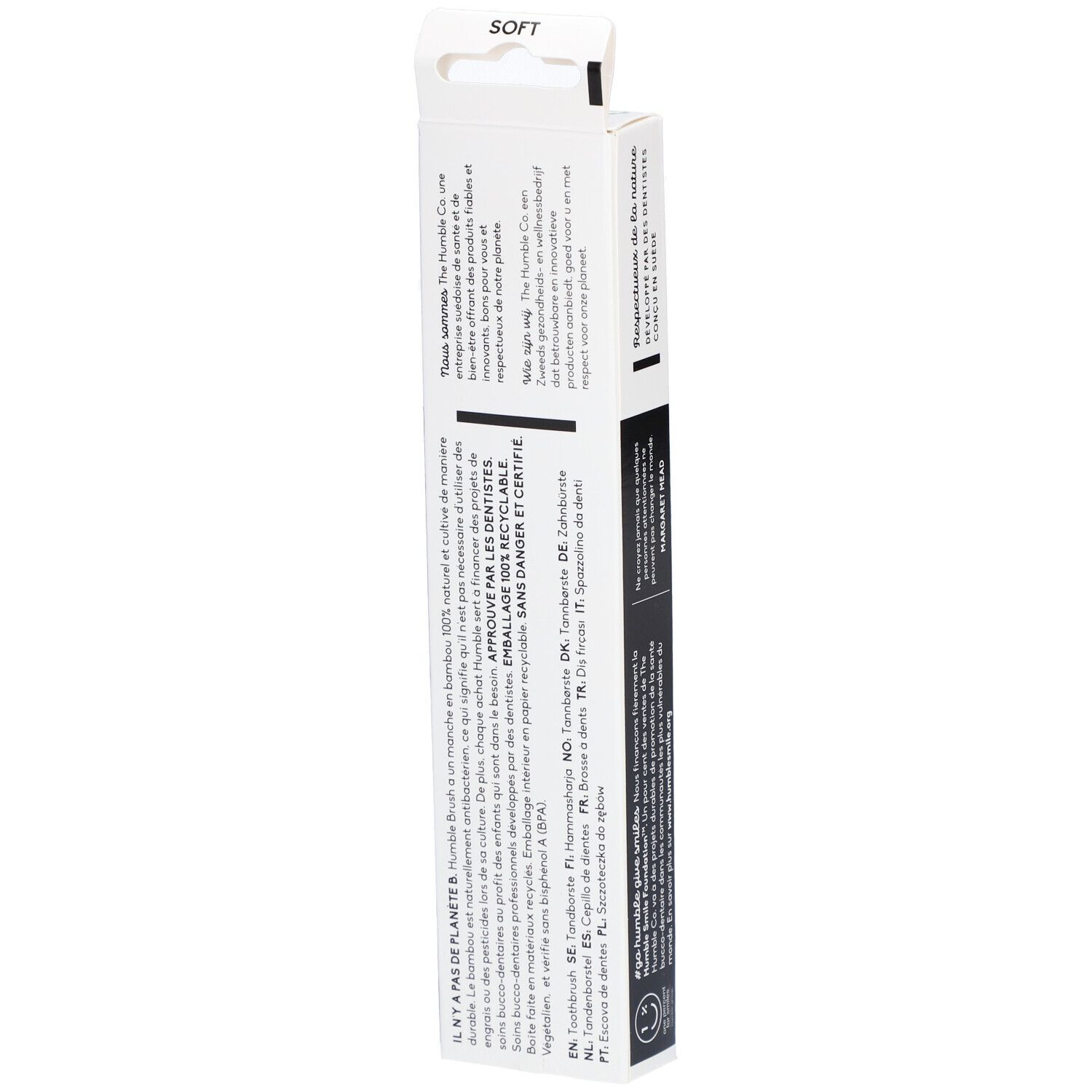 Rückseite der Zahnbürsten-Packung. Text in mehreren Sprachen. Informationen über das Produkt und seine Inhaltsstoffe.