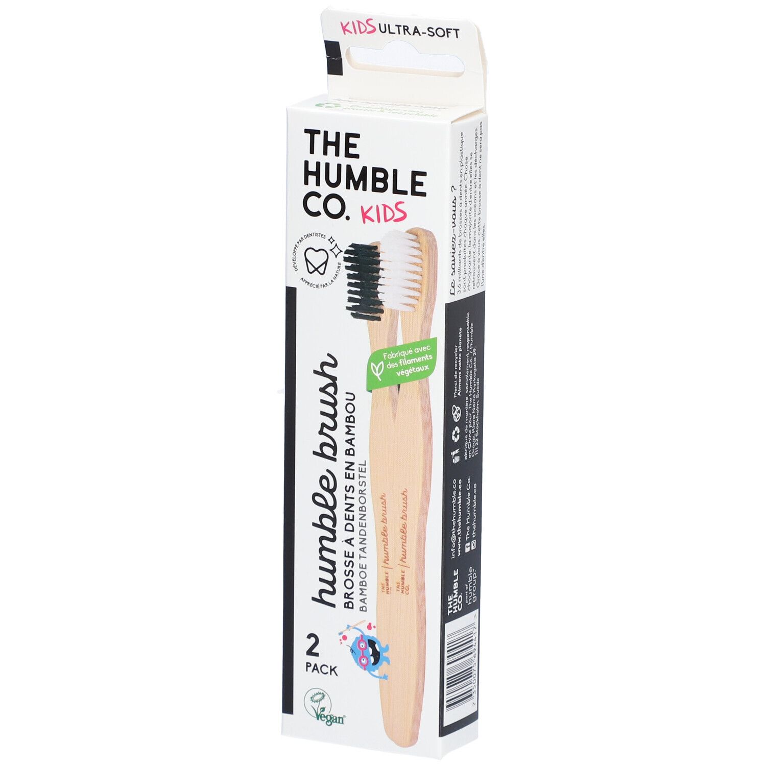 Deux brosses à dents dans un emballage. Inscription: Humble Brush, lot de 2. Brosses à dents en bambou pour enfants.