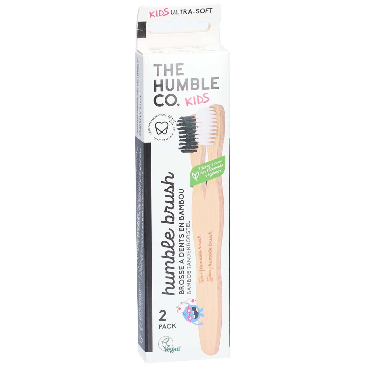 Deux brosses à dents dans un emballage. Inscription: Humble Brush, lot de 2. Brosses à dents en bambou pour enfants.