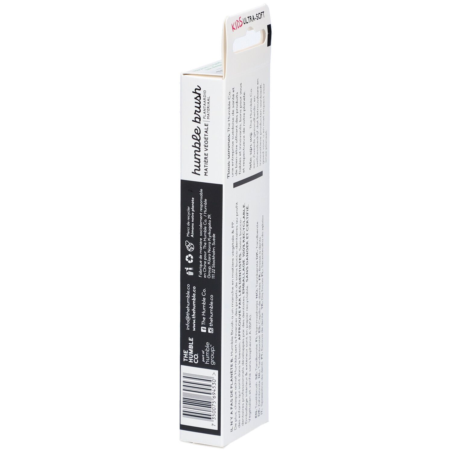 Verpackung mit Text. Produktname und Logo sind sichtbar. Barcode und Kontaktinformationen.
