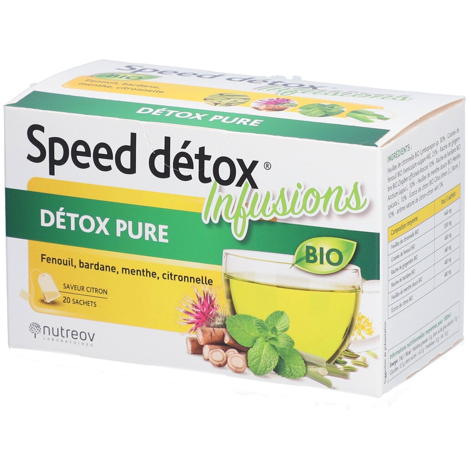 Boîte de Speed Détox Infusions. Inscriptions: Détox Pure, Bio. Illustration d'une tasse de thé et d'herbes. 20 sachets.