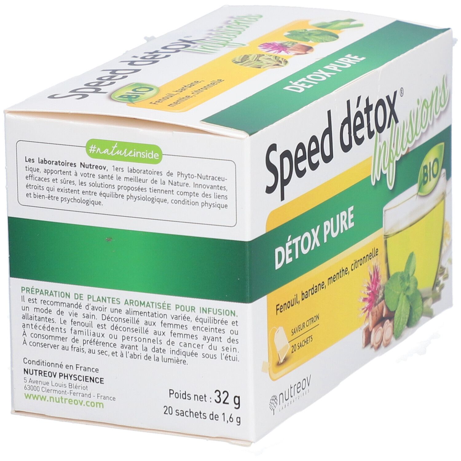 Boîte Speed Détox Infusions. Inscriptions: Détox Pure, Bio. Texte sur les ingrédients et la marque Nutreov. 20 sachets.