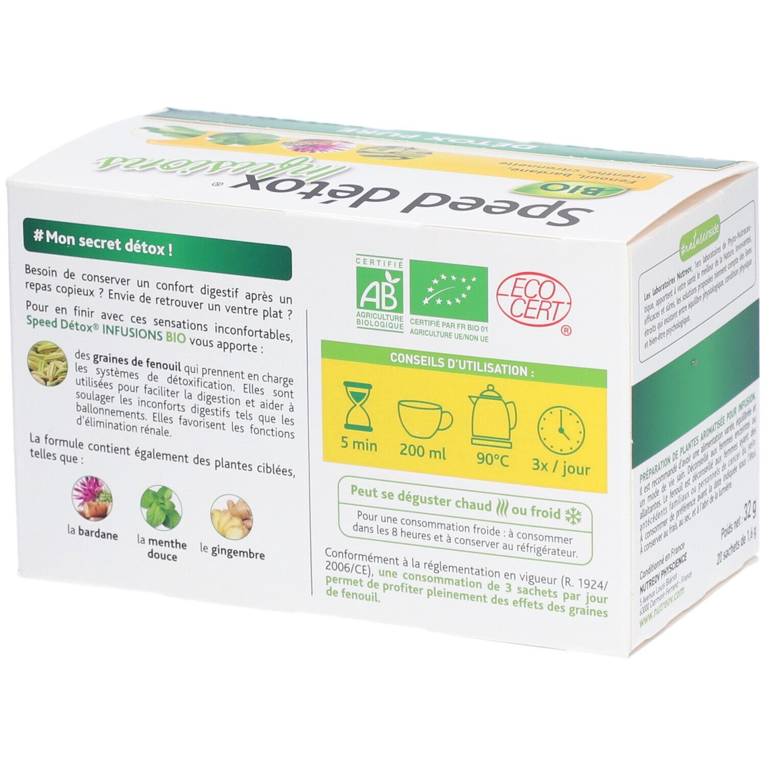Dos de la boîte Speed Détox Infusions. Inscriptions: certifications Bio, conseils d'utilisation. Texte sur l'utilisation.