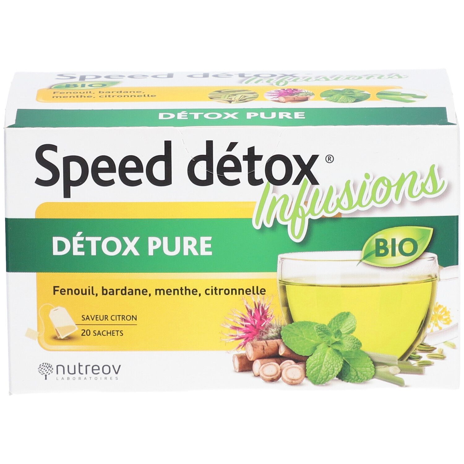 Boîte de Speed Détox Infusions. Inscriptions: Détox Pure, Bio. Illustration d'une tasse de thé et d'herbes. 20 sachets.