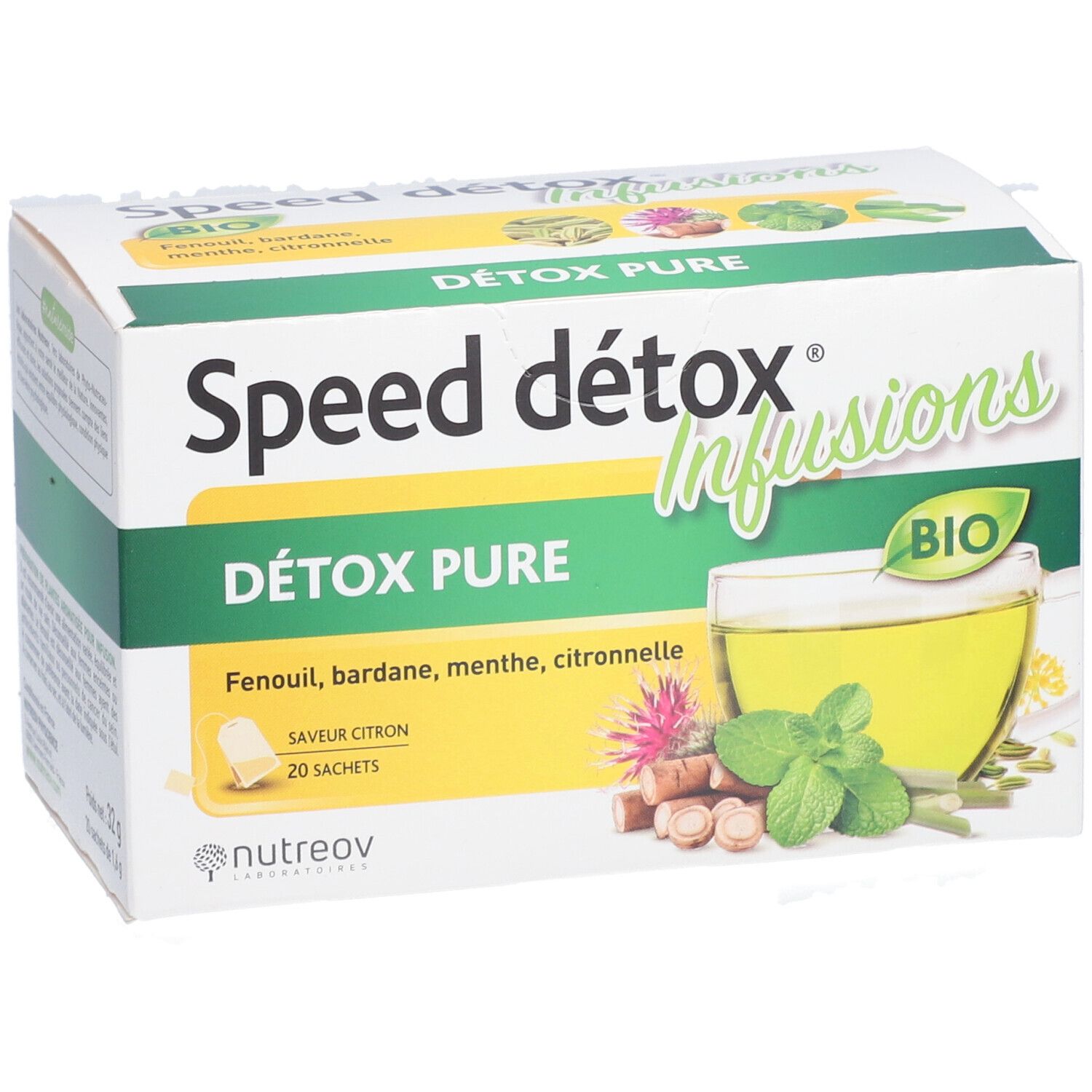 Boîte de Speed Détox Infusions. Inscriptions: Détox Pure, Bio. Illustration d'une tasse de thé et d'herbes. 20 sachets.