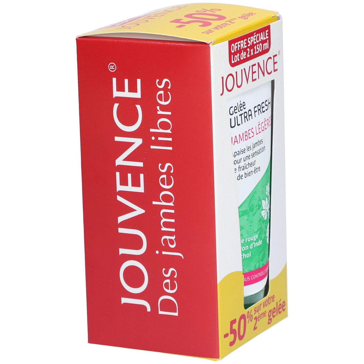 Boîte JOUVENCE Gelée Ultra Fresh, couleurs rouge et jaune. Texte : 'Des jambes libres'.