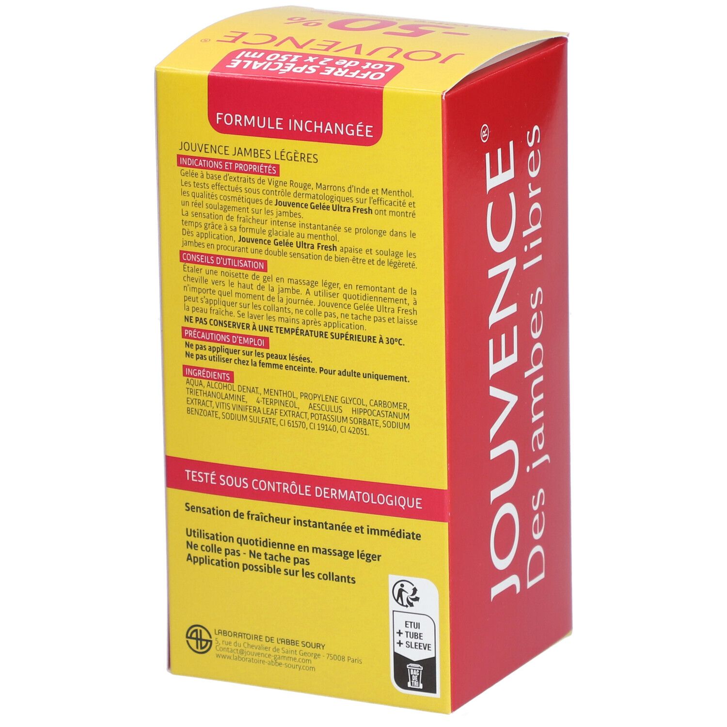 Dos de la boîte JOUVENCE Gelée Ultra Fresh. Informations textuelles, ingrédients, instructions d'utilisation.