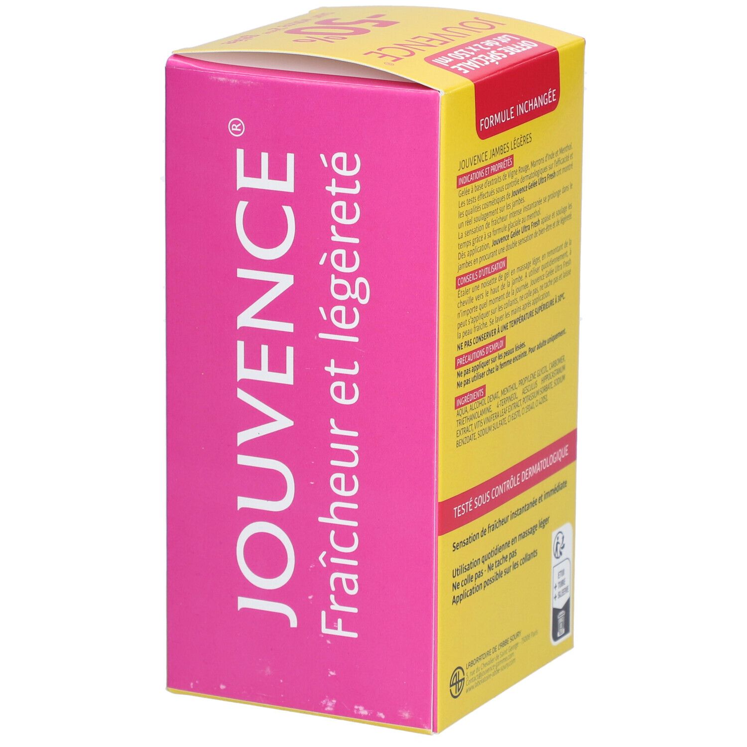 Boîte JOUVENCE Gelée Ultra Fresh, couleurs rose et jaune. Texte : 'Fraîcheur et légèreté'.