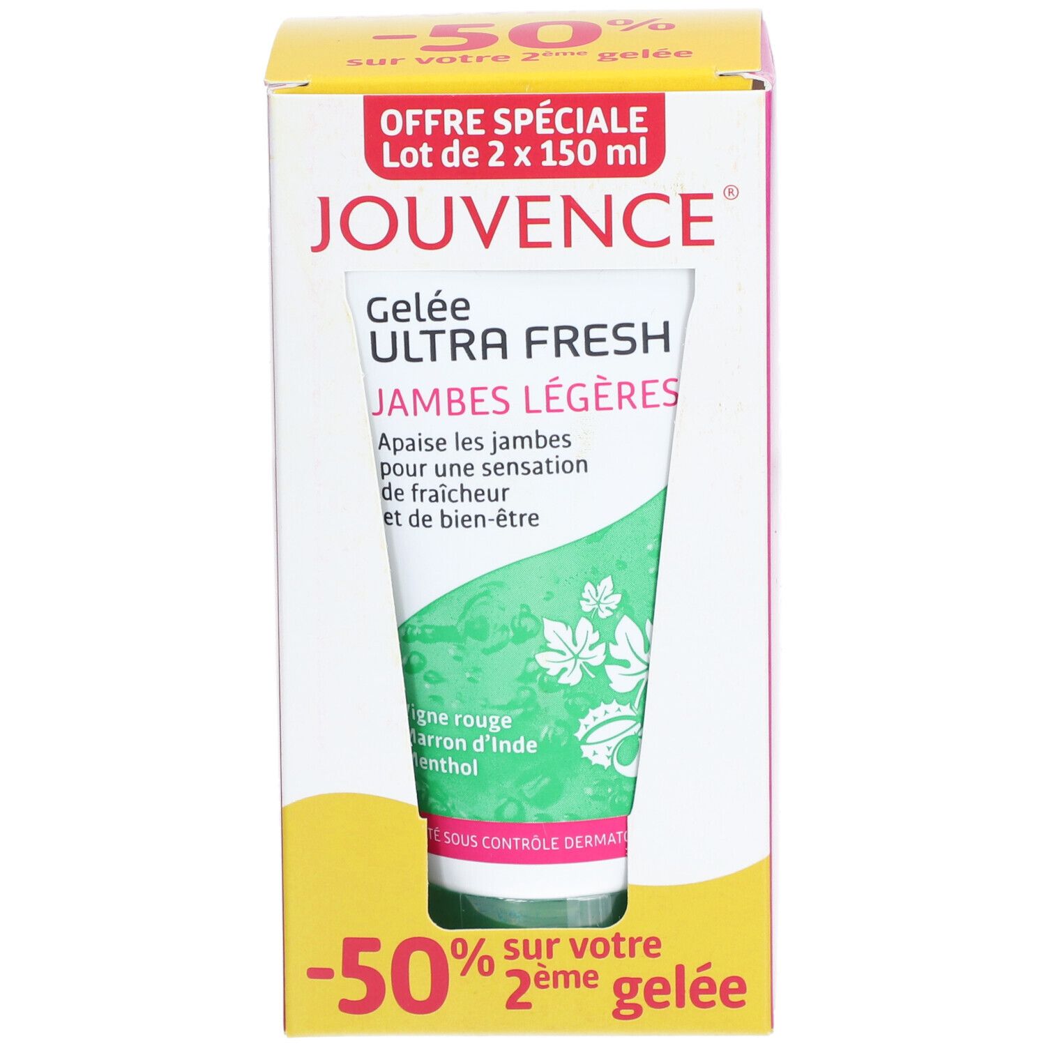 Boîte JOUVENCE Gelée Ultra Fresh, tube visible. Design rose et blanc, affichage gel vert.
