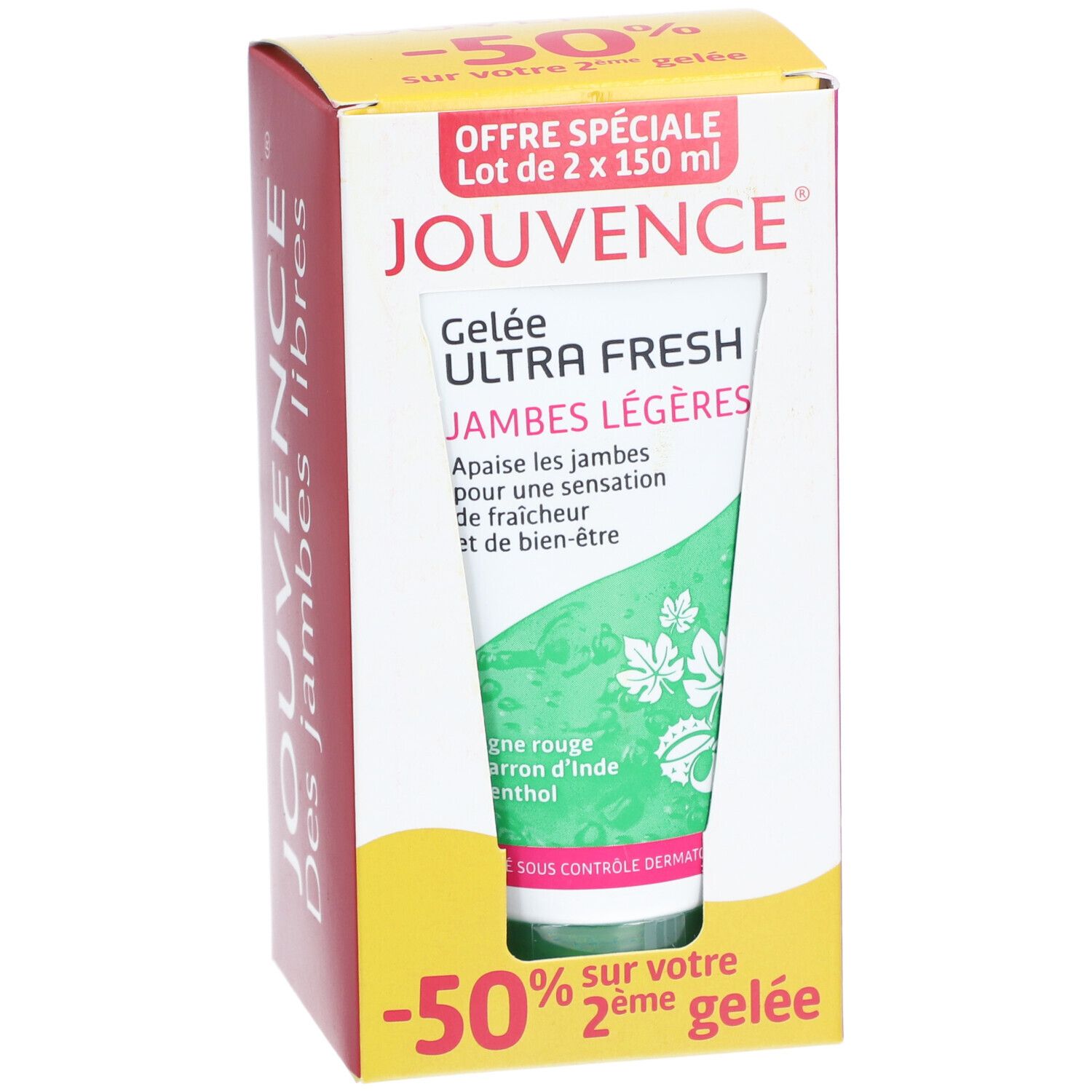Boîte JOUVENCE Gelée Ultra Fresh, tube visible. Design rose et blanc, affichage gel vert.
