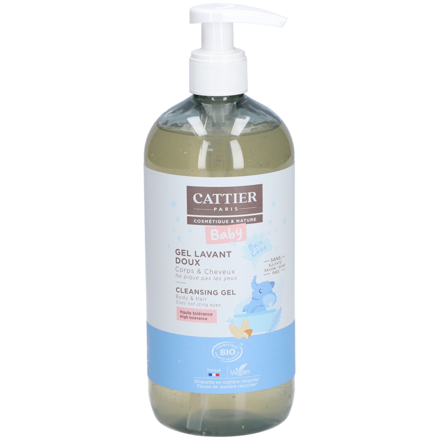 Flacon transparent avec pompe blanche. Étiquette avec nom du produit, marque CATTIER et motif bébé. Certification bio.