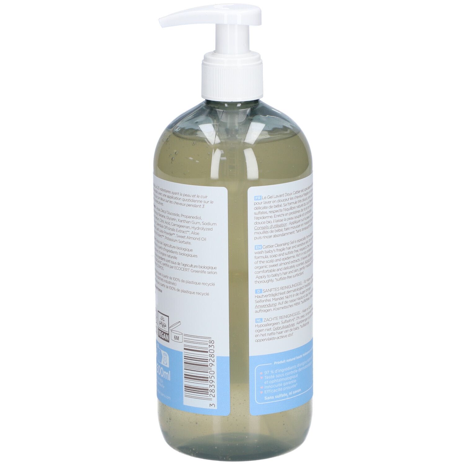 Vue arrière de la bouteille. Texte sur l'étiquette. Code QR et ligne bleue horizontale. Certification bio.