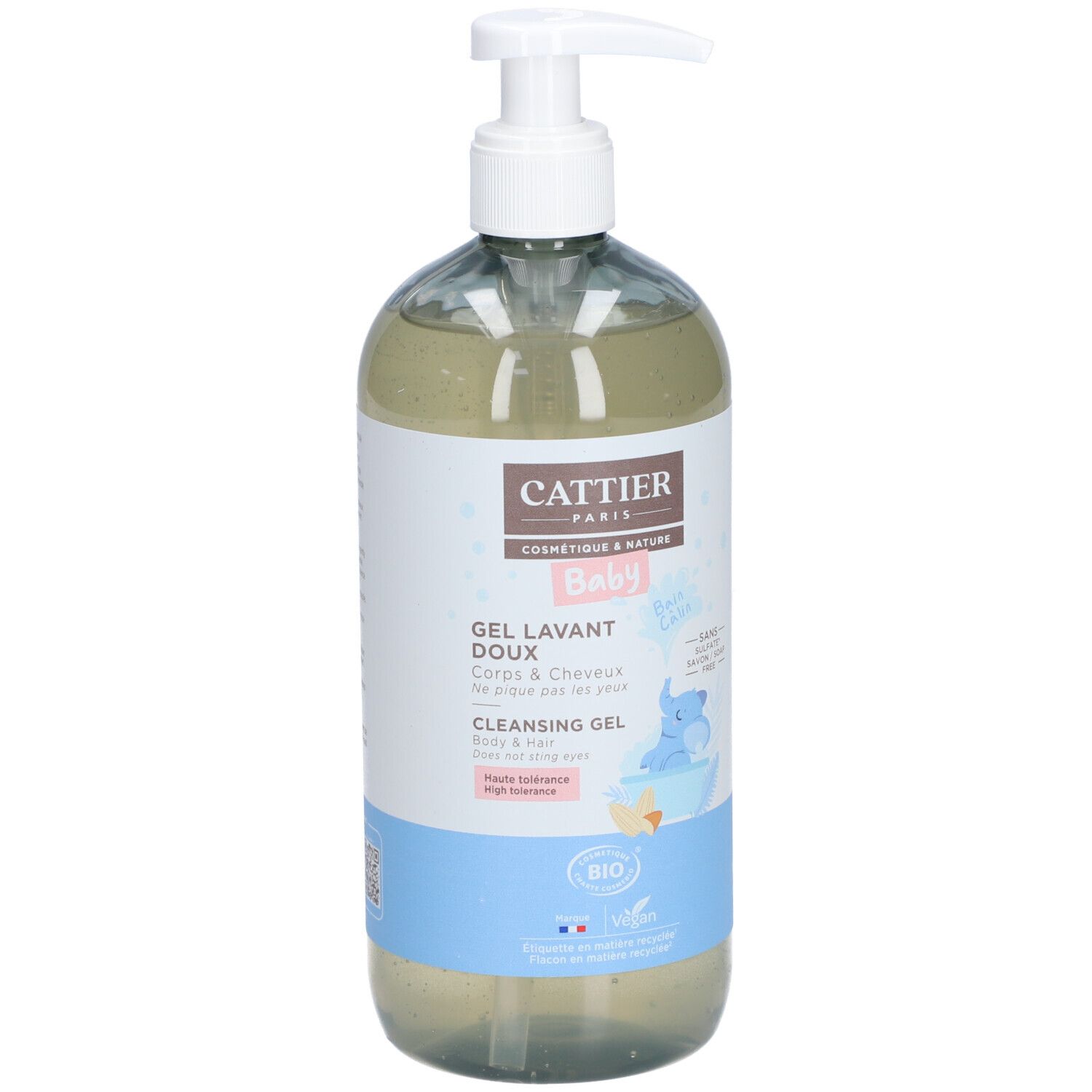 Flacon transparent avec pompe blanche. Étiquette avec nom du produit, marque CATTIER et motif bébé. Certification bio.