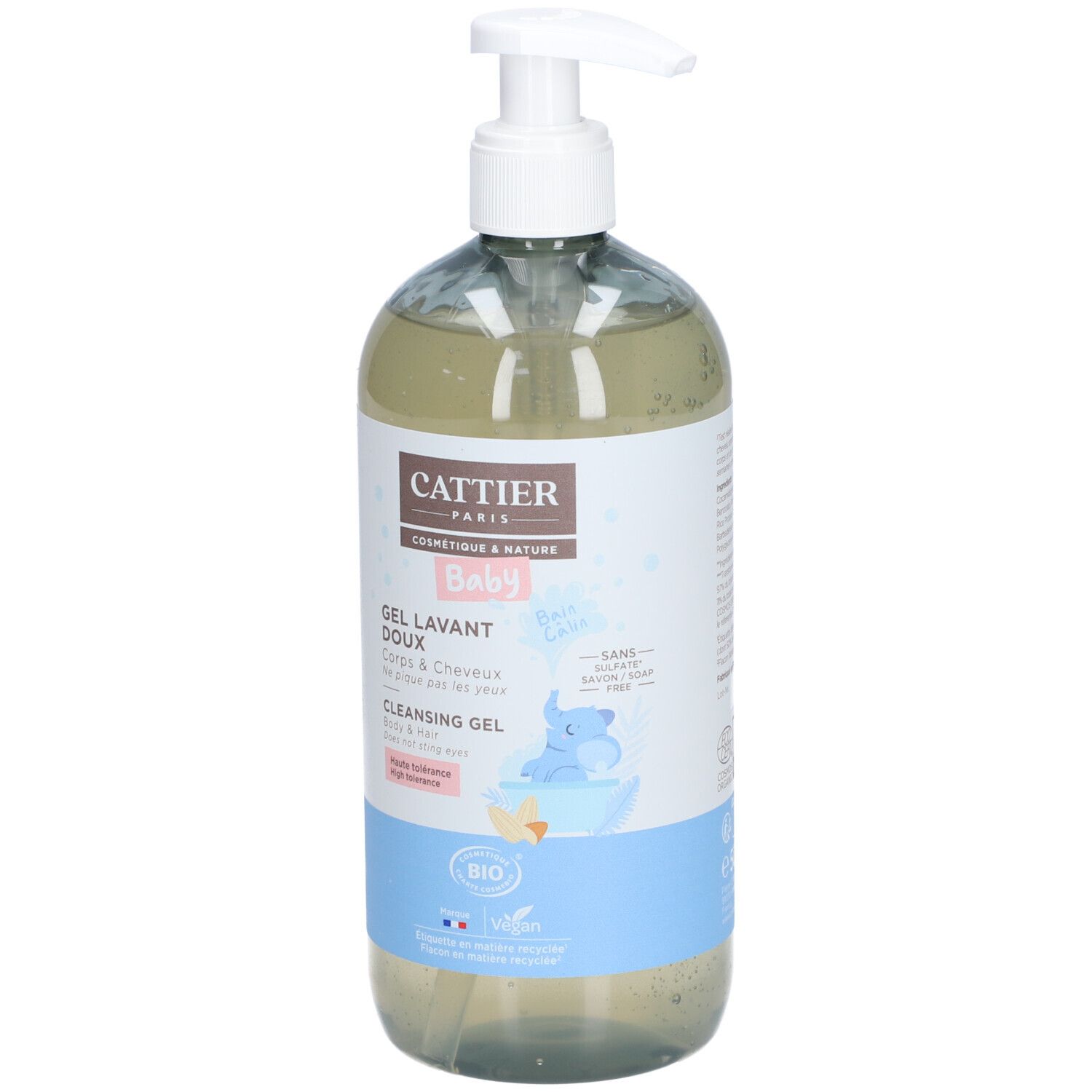 Flacon transparent avec pompe blanche. Étiquette avec nom du produit, marque CATTIER et motif bébé. Certification bio.
