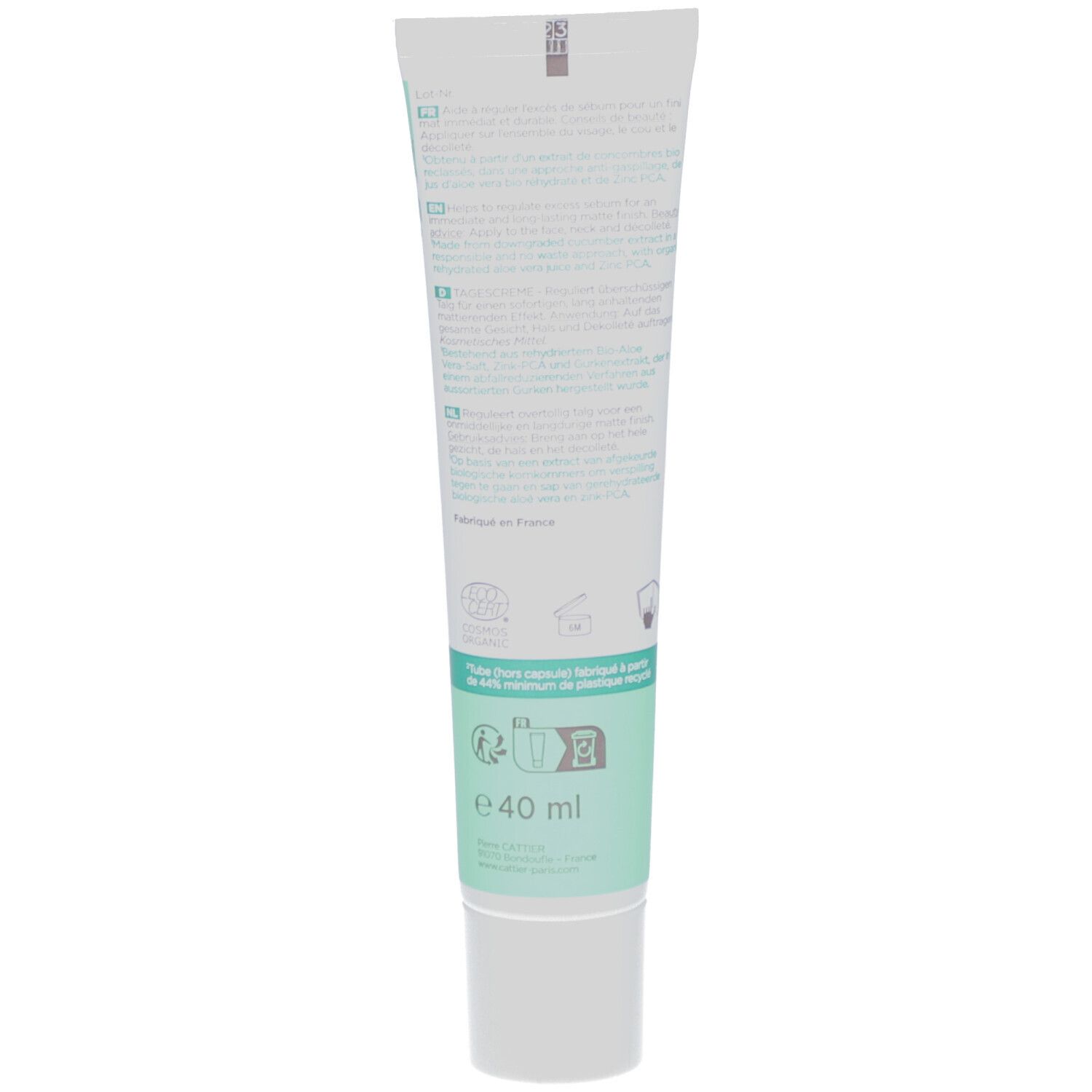 Rückseite der Cattier Dermo Tagespflege Tube. Text in mehreren Sprachen. Bio-Zertifizierung. 40 ml.