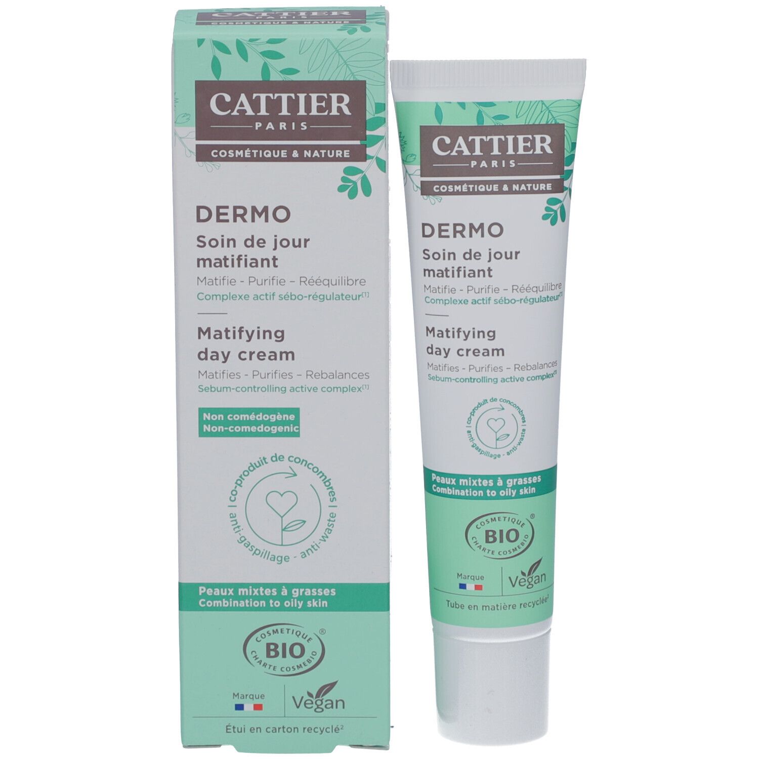 Cattier Dermo Tagespflege Tube und Verpackung. Grün-weiß, mit Text und Logo. Bio-Zertifizierung. Vegan.