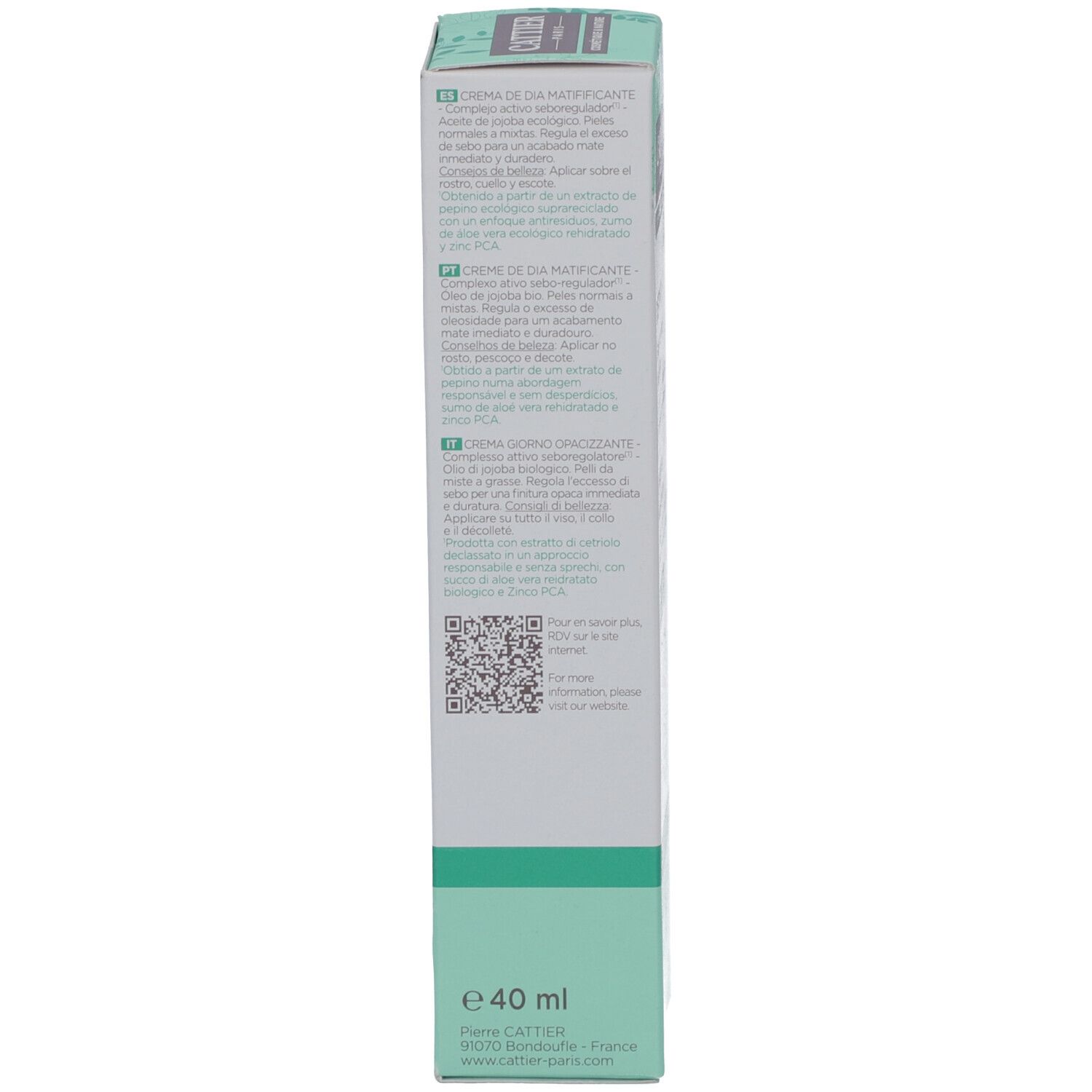 Verpackung der Cattier Dermo Tagespflege. Text in mehreren Sprachen. Bio-Zertifizierung. 40 ml.
