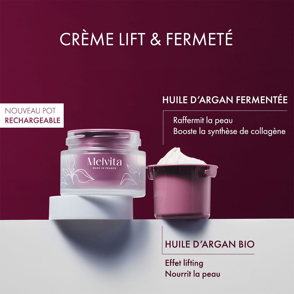 Creme Lift & Fermeté. Neues, wiederbefüllbares Gefäß. Arganöl-Informationen.