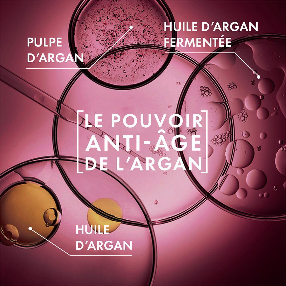 Nahaufnahme von Arganöl-Bestandteilen. Text: Le pouvoir anti-âge de l'argan.