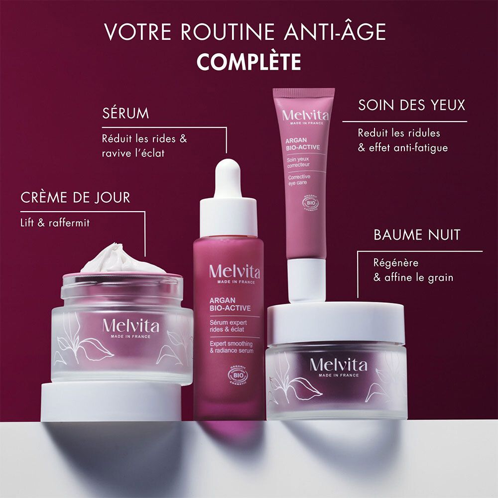 Anti-Aging-Routine mit verschiedenen Melvita-Produkten. Creme, Serum, Augenpflege.
