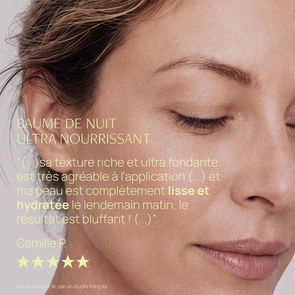 Nahaufnahme eines Gesichts mit geschlossenen Augen. "BAUME DE NUIT ULTRA NOURRISSANT". Zitat über die Textur.