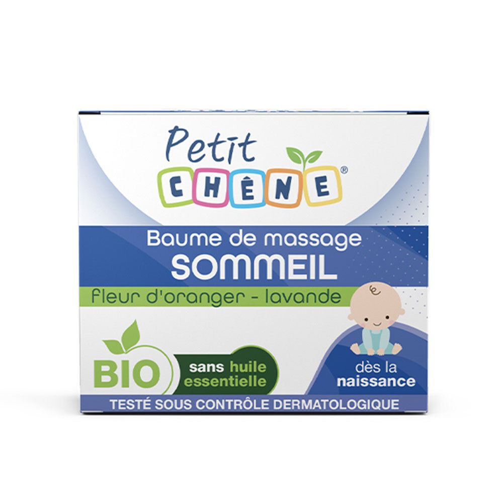 Boîte de produit. Texte: Petit Chêne, Baume de massage Sommeil, Bio, sans huile essentielle, dès la naissance.