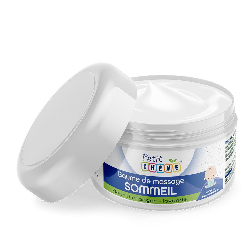 Pot blanc avec couvercle. Produit: crème. Texte: Petit Chêne, Baume de massage Sommeil, dès la naissance.