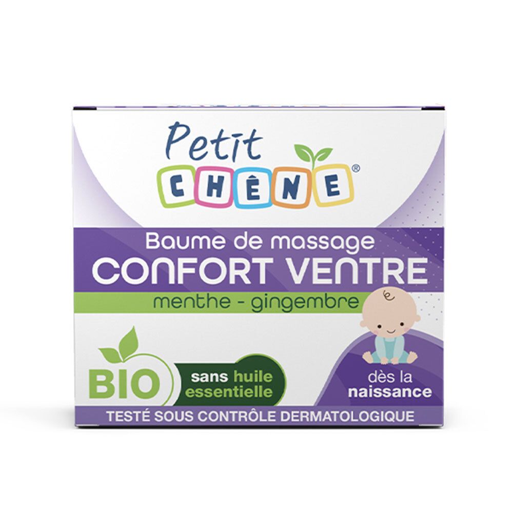 Boîte de produit. Inscriptions : Petit Chêne, Baume de massage Confort Ventre, Bio, sans huile essentielle, dès la naissance.