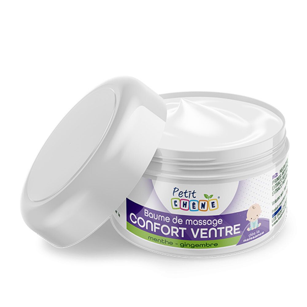 Pot blanc avec couvercle. Inscription : Petit Chêne, Baume de massage Confort Ventre, menthe-gingembre. Crème visible.