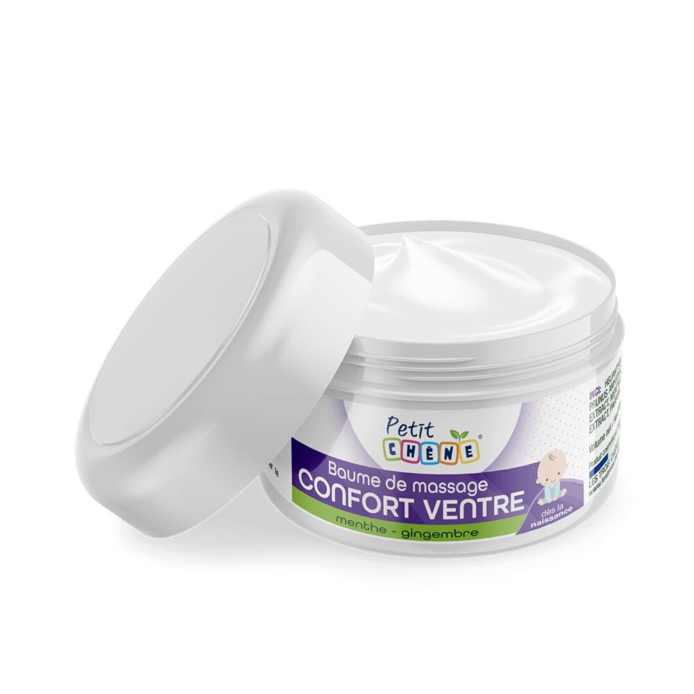 Pot blanc avec couvercle. Inscription : Petit Chêne, Baume de massage Confort Ventre, menthe-gingembre. Crème visible.