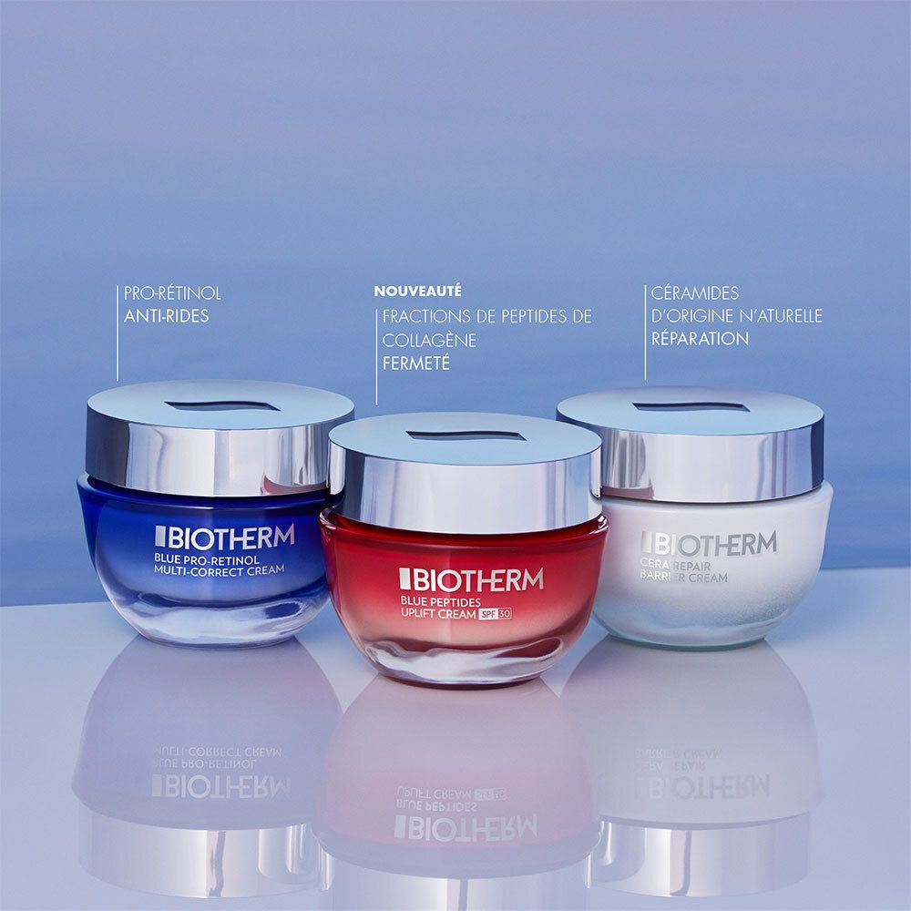Trois pots avec couvercles argentés. Inscription : BIOTHERM. Produits : Pro-Rétinol, Blue Peptides, Céramides.