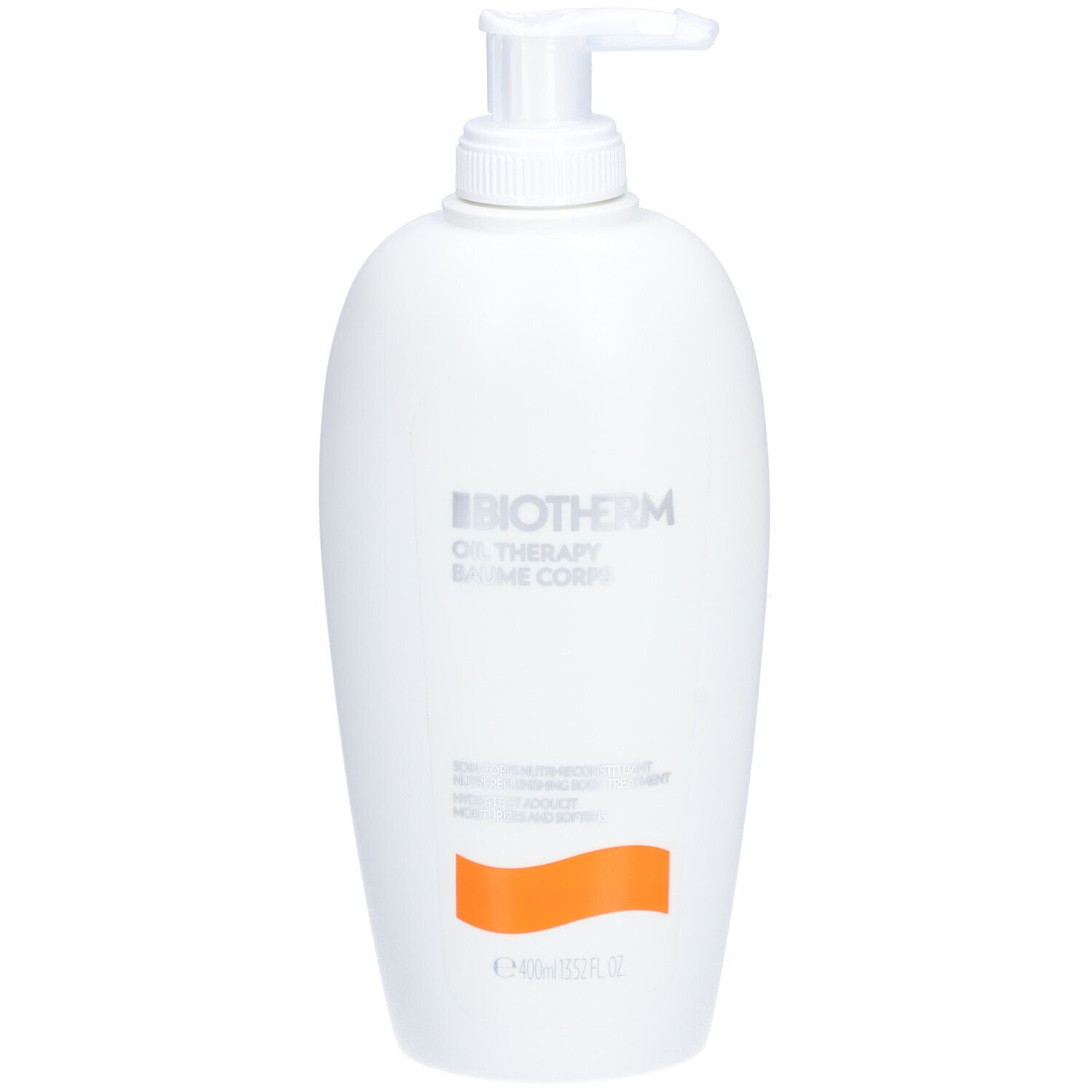 Flacon blanc avec pompe doseuse. Inscription: BIOTHERM OIL THERAPY BAUME CORPS. Bande orange.