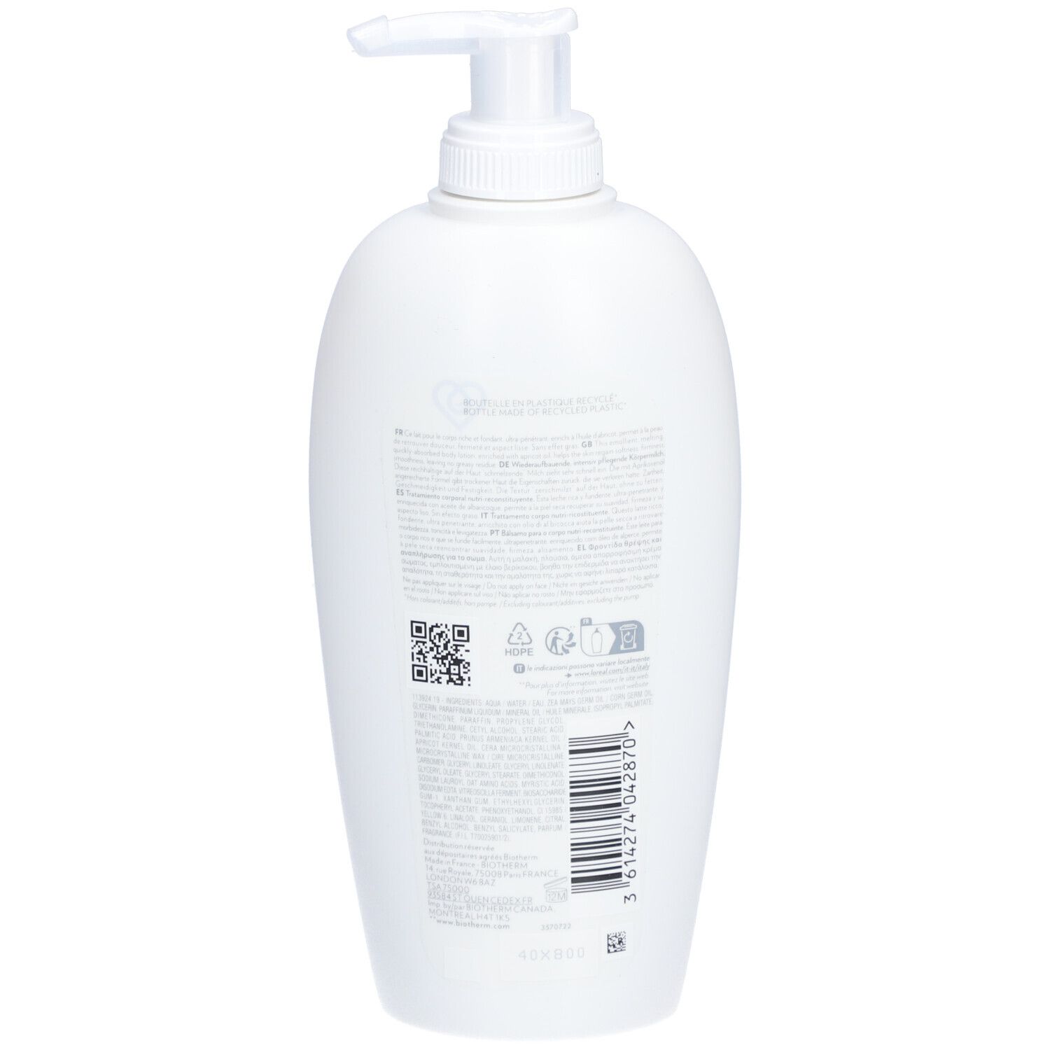 Dos d'un flacon blanc avec texte et code QR. Code-barres et divers symboles.