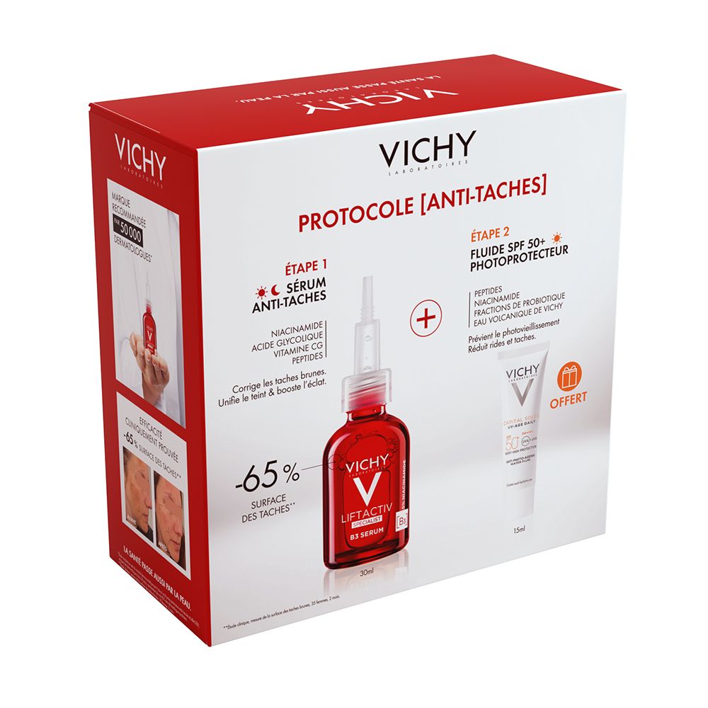 Coffret Vichy. Contient sérum et crème solaire. Emballage rouge et blanc avec nom et logo du produit.