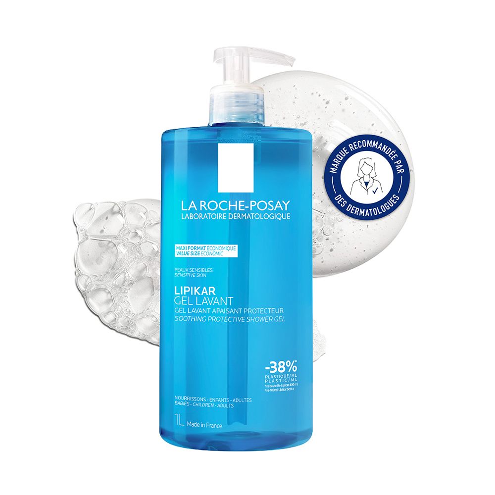 Flacon bleu avec pompe. Inscription: La Roche-Posay, Lipikar Gel Lavant. Recommandé par les dermatologues.