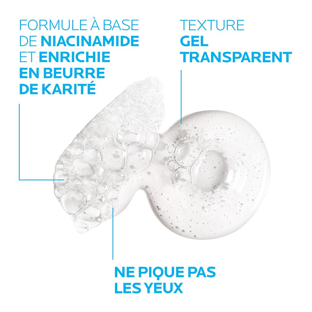 Gros plan sur gel transparent. Texte: Formule à base de niacinamide et beurre de karité. Ne pique pas les yeux.