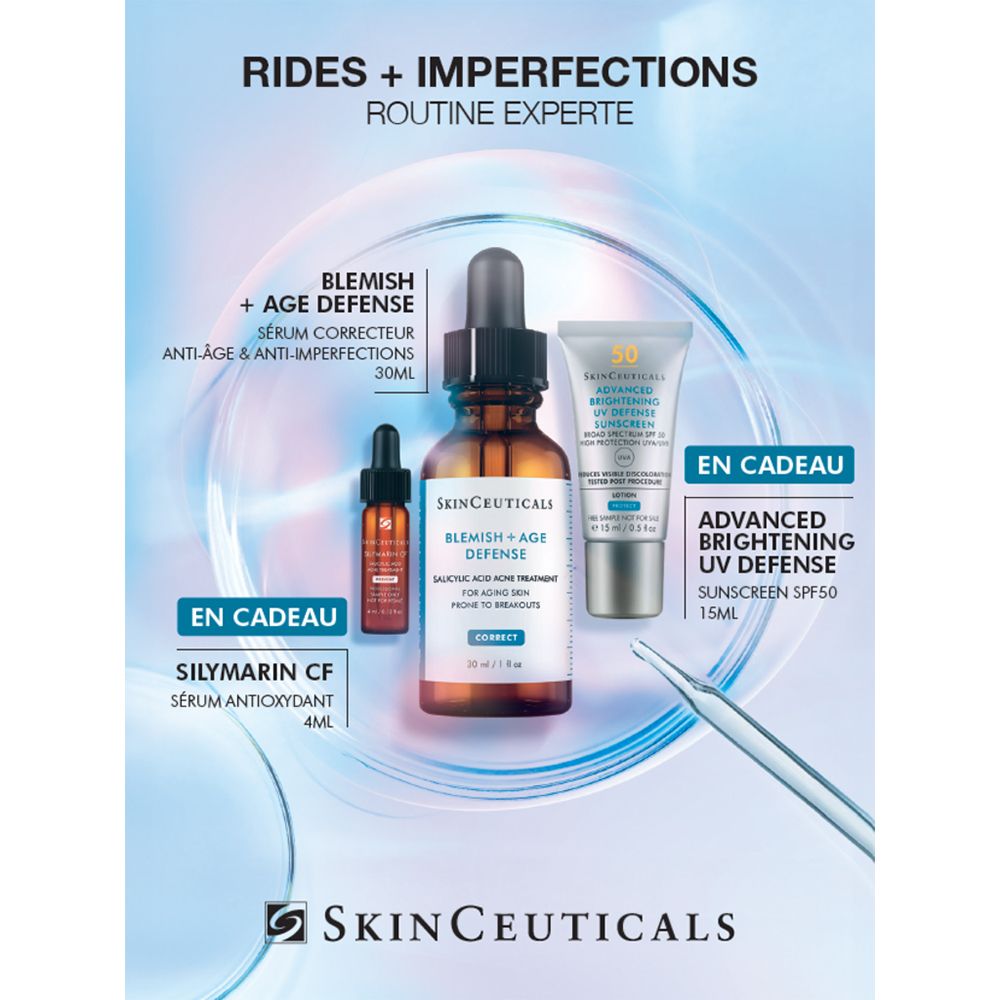Poster publicitaire avec trois produits : sérum, flacon et tube. Texte : Rides + Imperfections, logo SkinCeuticals.
