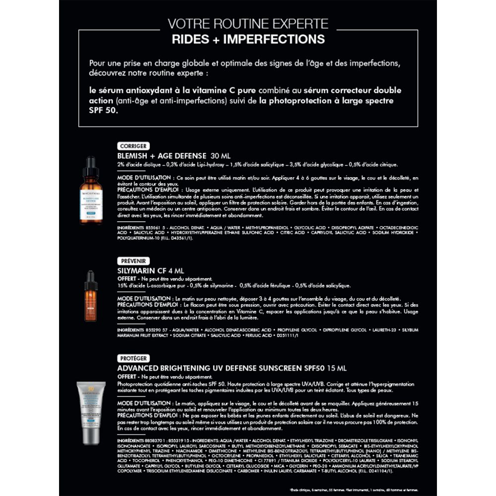 Page de texte avec informations sur les produits. Contient les ingrédients et les instructions d'utilisation de trois produits.