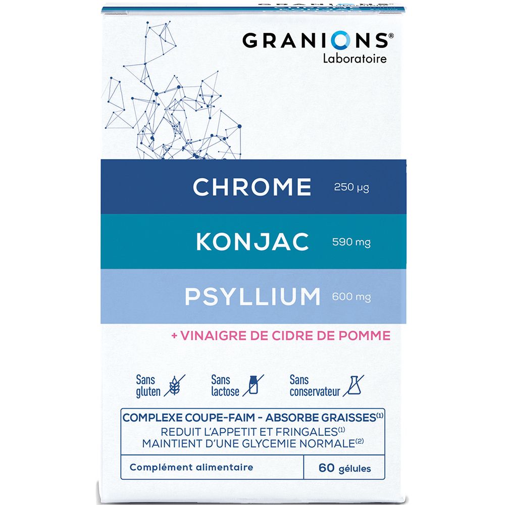 Boîte de GRANIONS COMPLEXE COUPE FAIM. Contient Chrome, Konjac, Psyllium. 60 gélules. Sans gluten, lactose, conservateur.