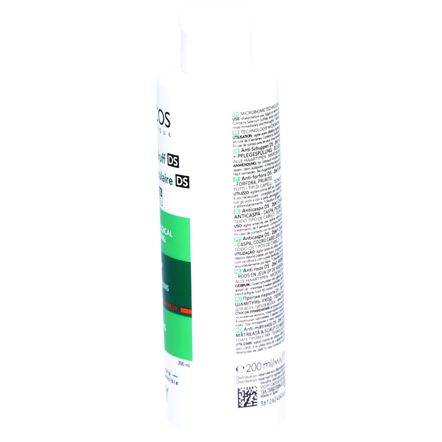 Weiße Flasche mit grünem Etikett. Text: DERCOS, Anti-Schuppen, 2in1 Shampoo. Grüner Bereich.