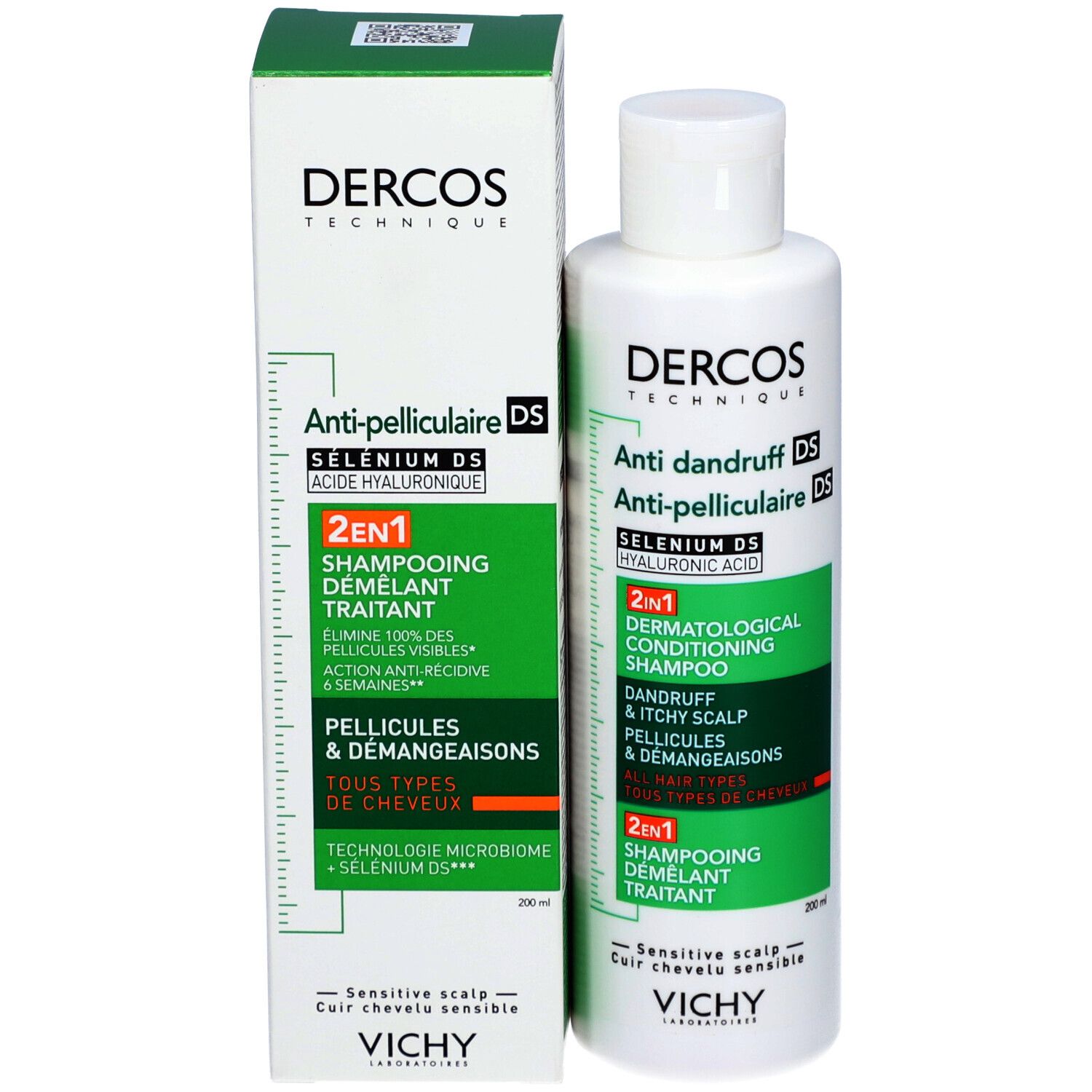 Produktverpackung und Flasche. Text: DERCOS, Anti-Schuppen, 2in1 Shampoo. Grüne Verpackung.