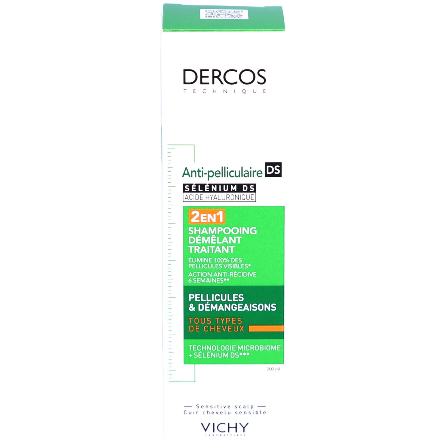 Produktverpackung. Text: DERCOS, Anti-Schuppen, 2in1 Shampoo. Grüne Verpackung.