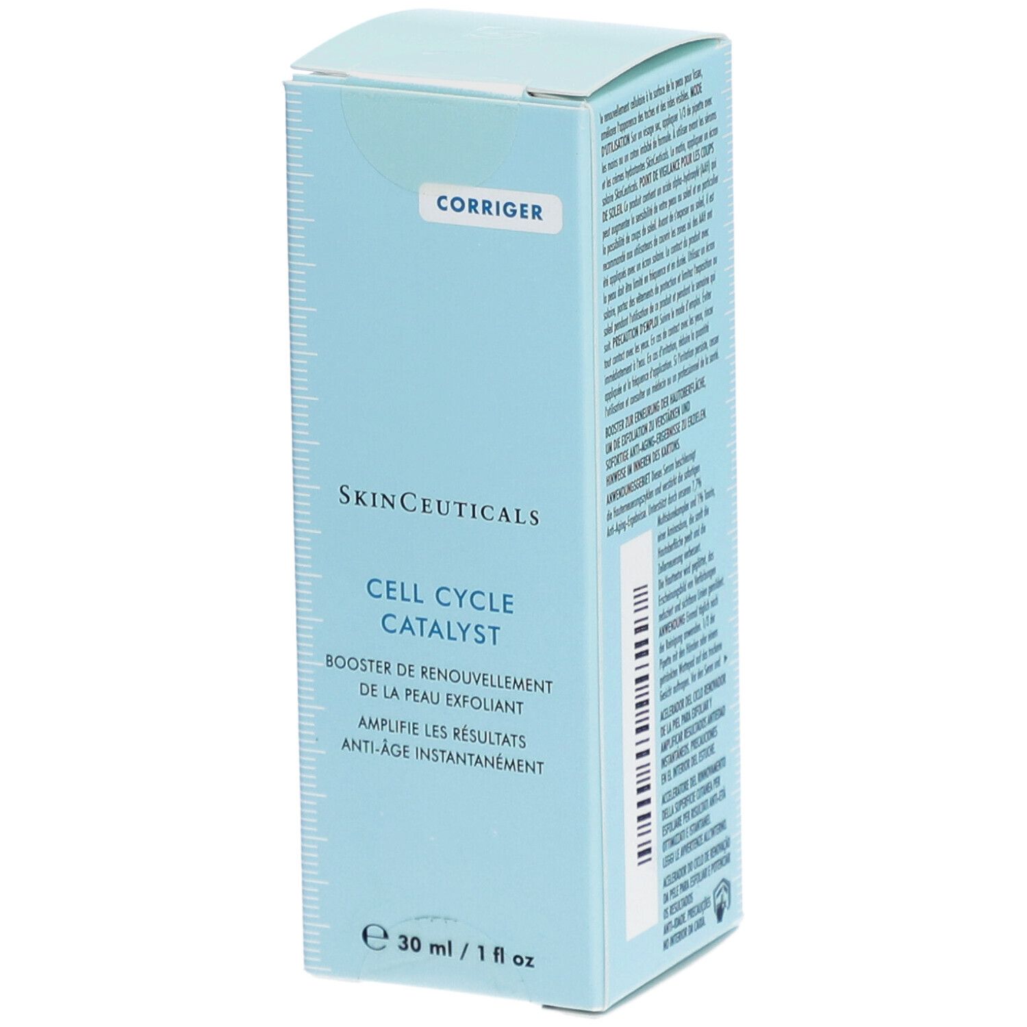 Boîte bleu clair SkinCeuticals. Texte: Cell Cycle Catalyst, Booster de renouvellement de la peau exfoliant. Contenance 30 ml / 1 fl oz.